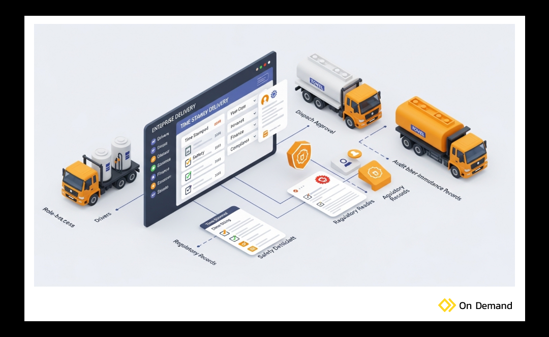 Delivery system with trucks and interface