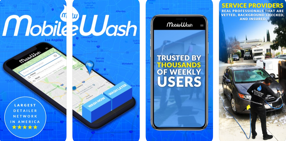 MobileWash app interface on a phone with a person washing a car